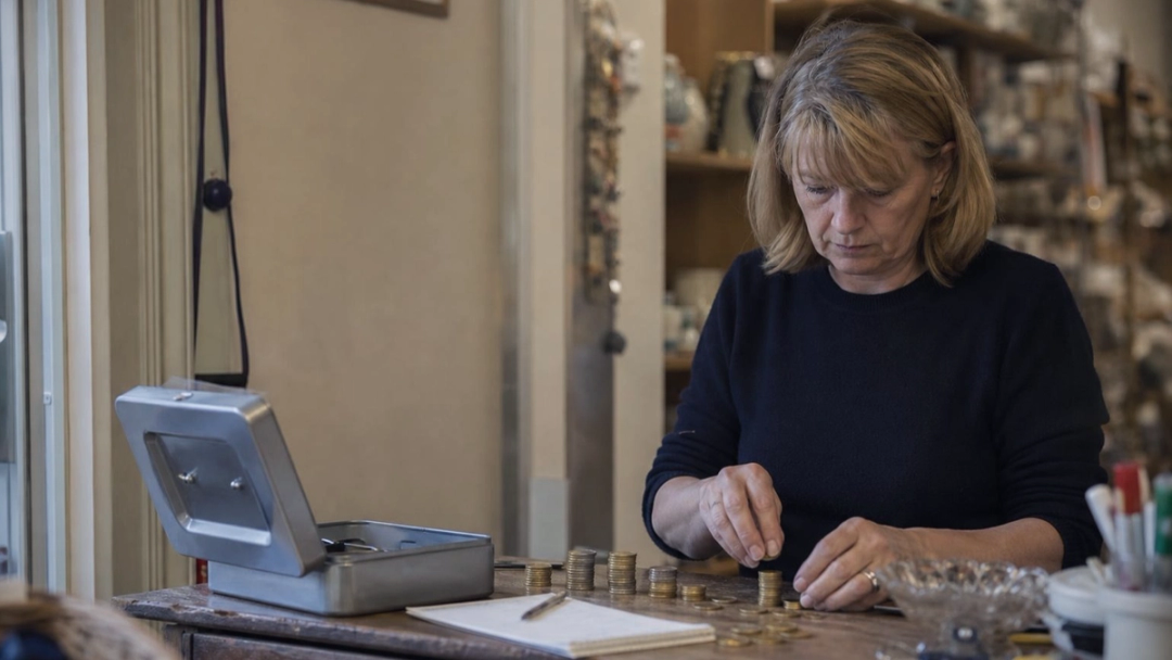 Shop owner counts coins into stacks on a wooden counter beside an open cash tin and a blank notebook.