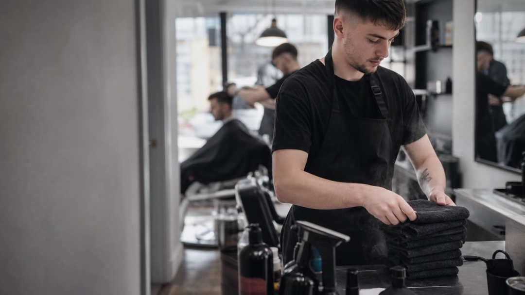 A barber in a black apron folds dark towels into a stack on a counter, with a busy shop blurred behind.