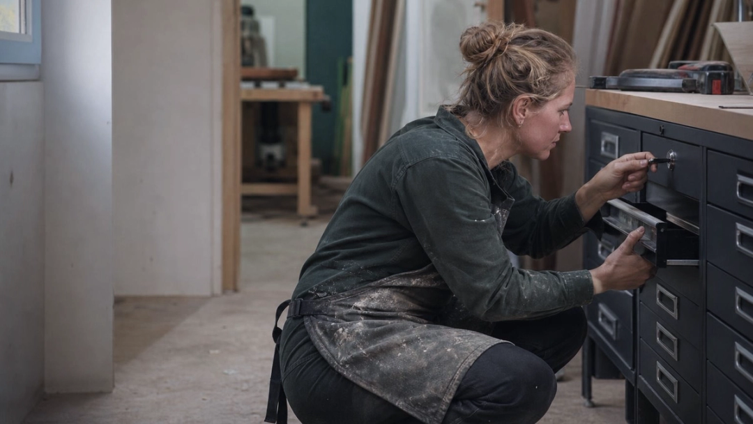 A worker in a dusty apron crouches at a metal tool cabinet, turning a key in the lock and easing a drawer open.