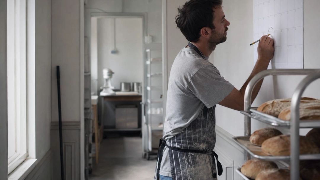 Baker in a flour-dusted apron marks a blank paper wall planner with a pencil beside racks of bread.