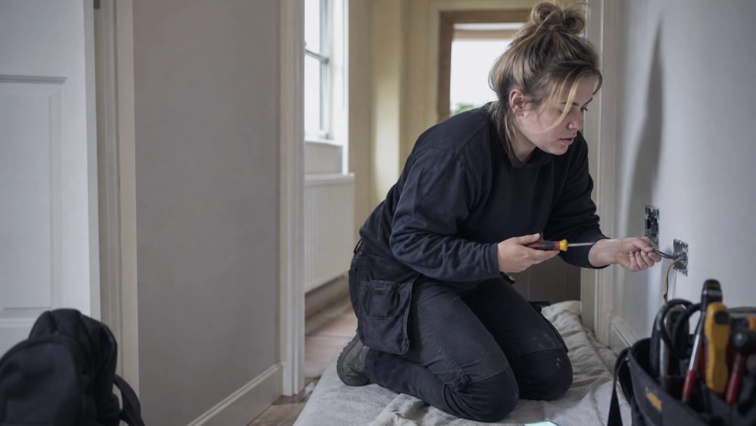 An electrician kneels on a dust sheet in a hallway, wiring a wall socket with a screwdriver and bare cable.