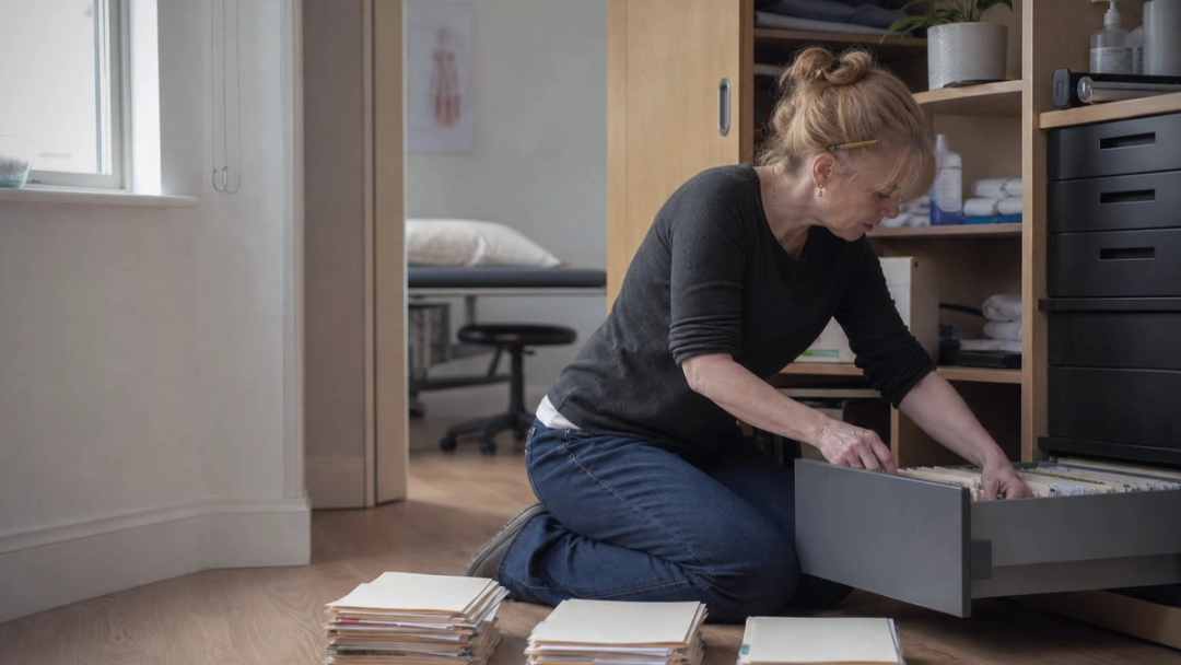Woman kneeling at an open filing drawer in a clinic office, sorting record folders into piles on the floor.