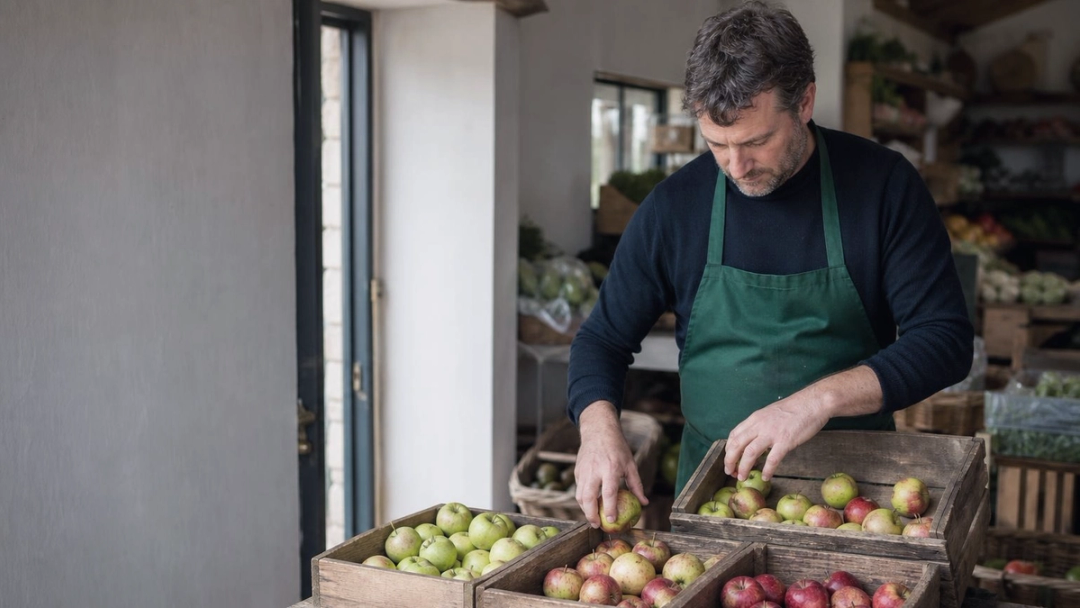 A greengrocer in a green apron sorts red and green apples into wooden trays on a market bench.