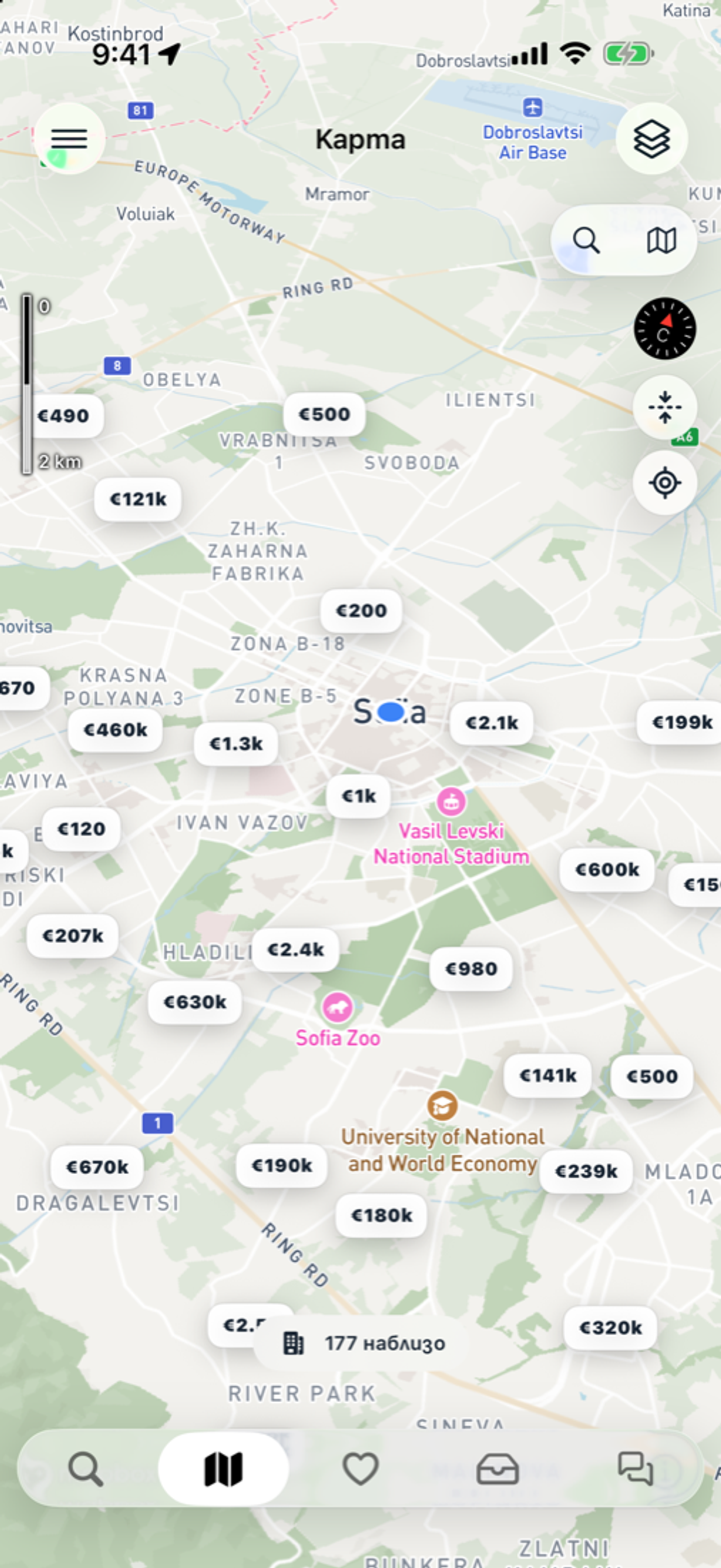 Картата в приложението ATRIUMA за iPhone с цените на имотите в София и мащаб в левия край.