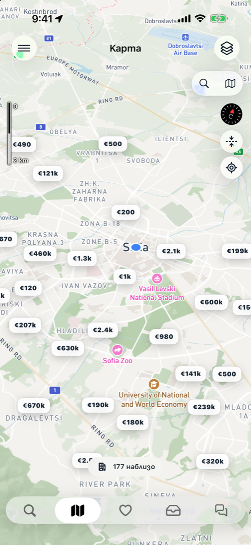 Картата в приложението ATRIUMA за iPhone с цените на имотите в София и мащаб в левия край.