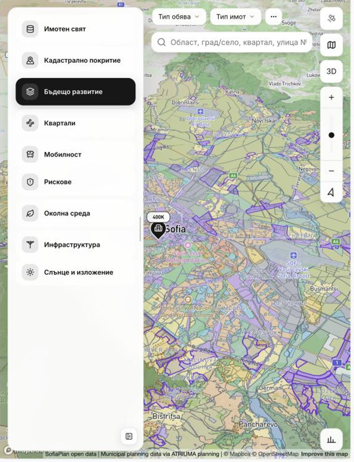 The Sofia map in Backoffice with the Future development layer colouring zoning areas from the municipal plan.