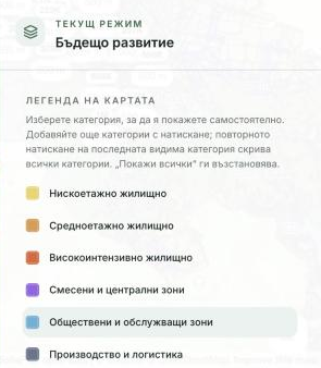 Легендата на картата в режим „Бъдещо развитие“ с категории като нискоетажно, средноетажно и високоинтензивно жилищно строителство и смесени зони.