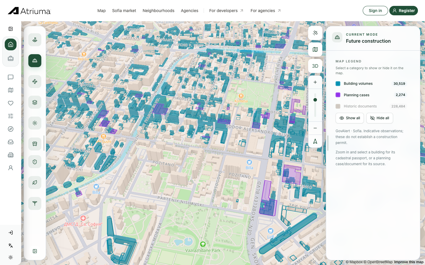 ATRIUMA Future construction map showing blue building volumes and purple planning cases around Vazrazhdane Park in Sofia.