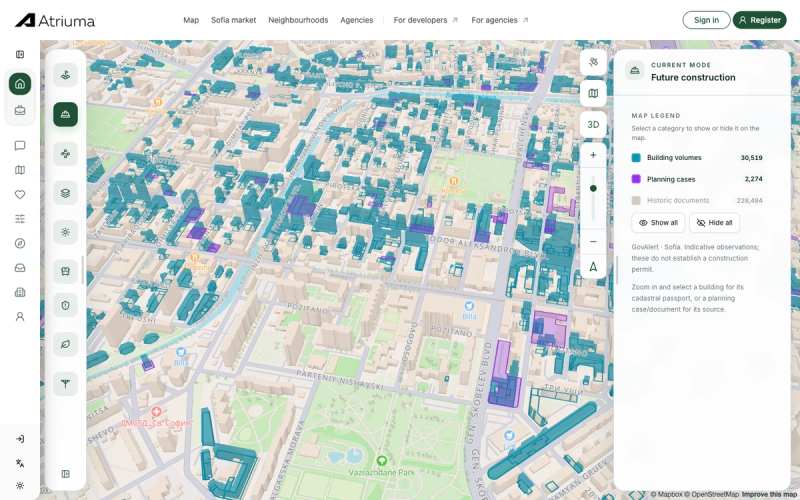 ATRIUMA Future construction map showing blue building volumes and purple planning cases around Vazrazhdane Park in Sofia.