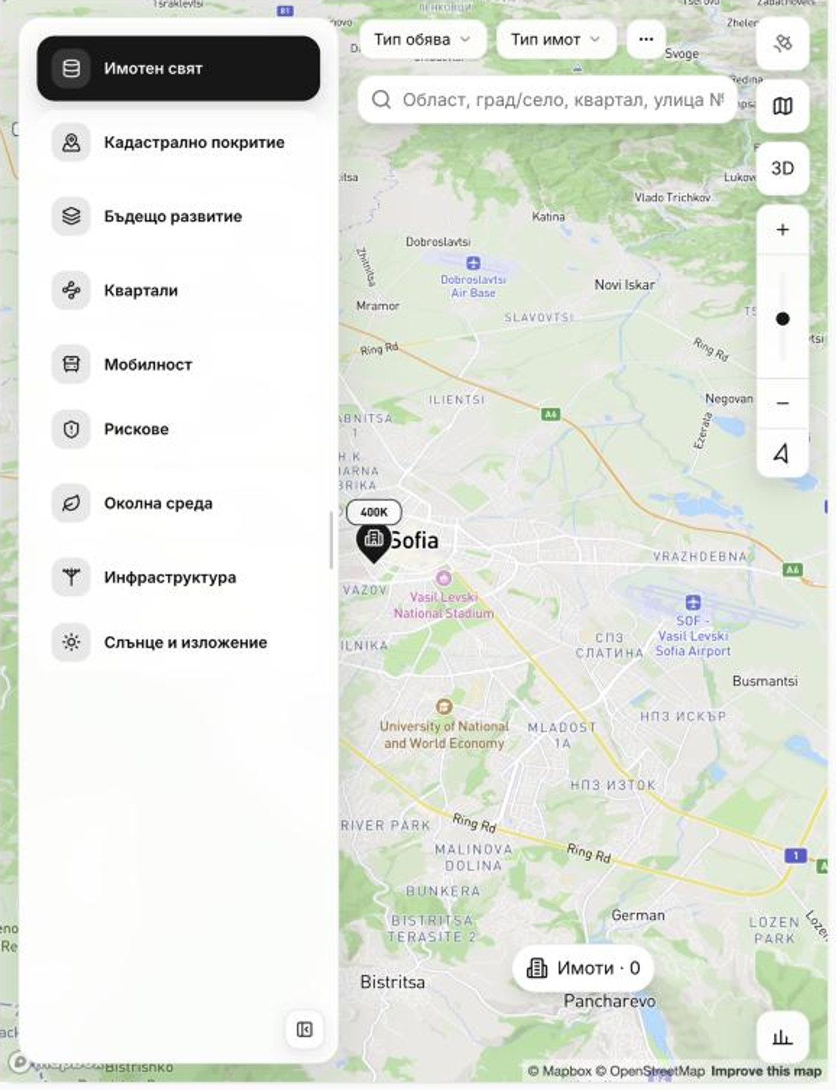 The Backoffice map with its themed layer menu: Property world, Cadastral coverage, Future development, Neighbourhoods, Mobility, Risks, Environment, Infrastructure, Sun and exposure.