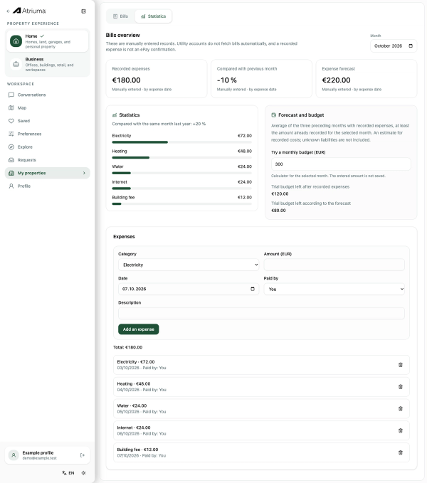 ATRIUMA Statistics screen with example expenses by category, previous-month and annual comparisons, a forecast, and a trial budget calculator.