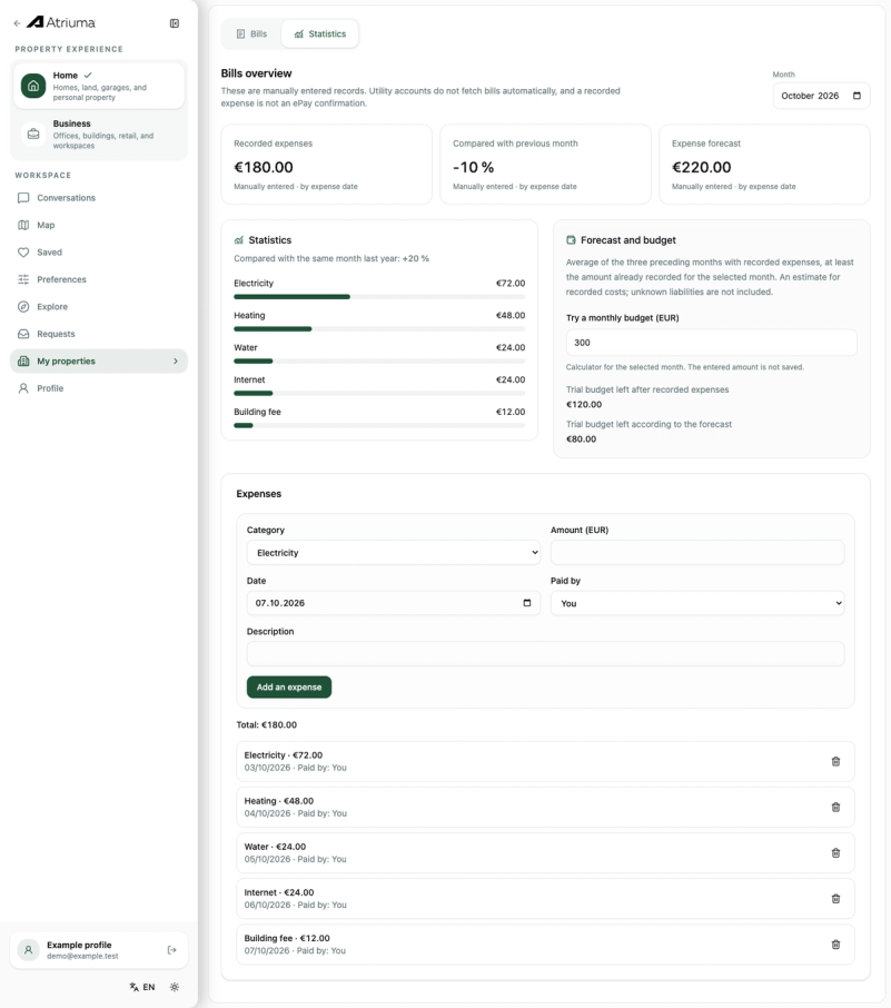 ATRIUMA Statistics screen with example expenses by category, previous-month and annual comparisons, a forecast, and a trial budget calculator.