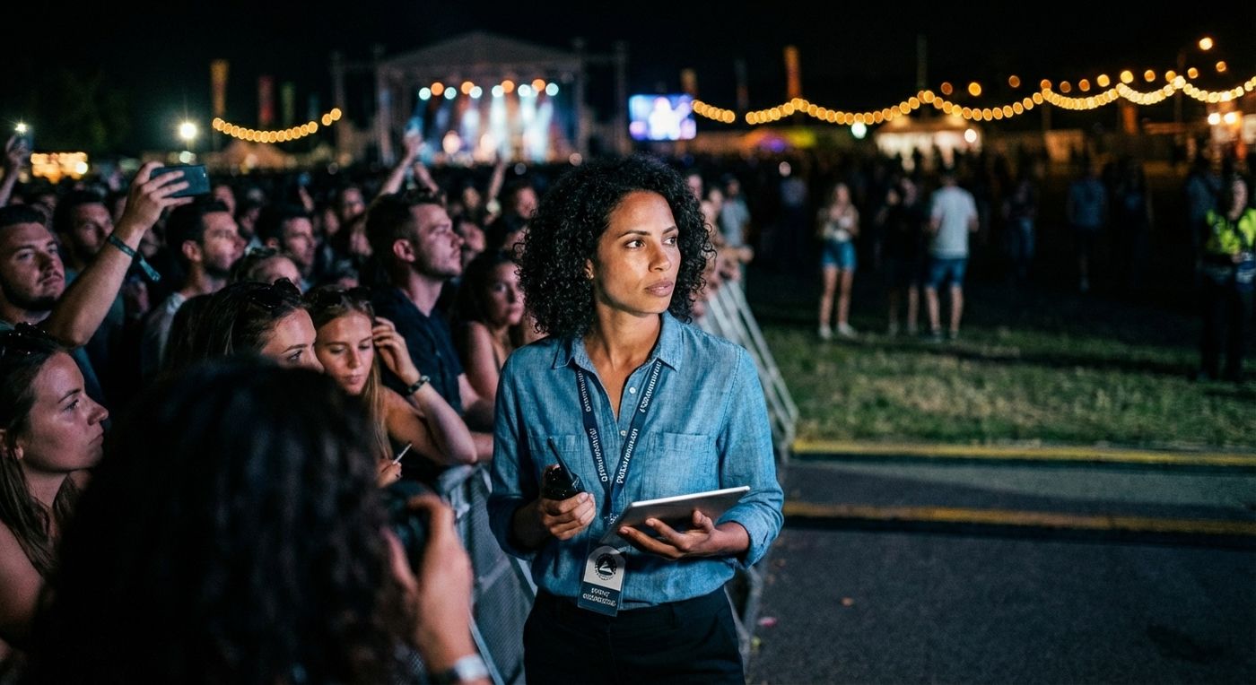 Event crowd in front of a stage with tickets overlaid to represent ticket sales