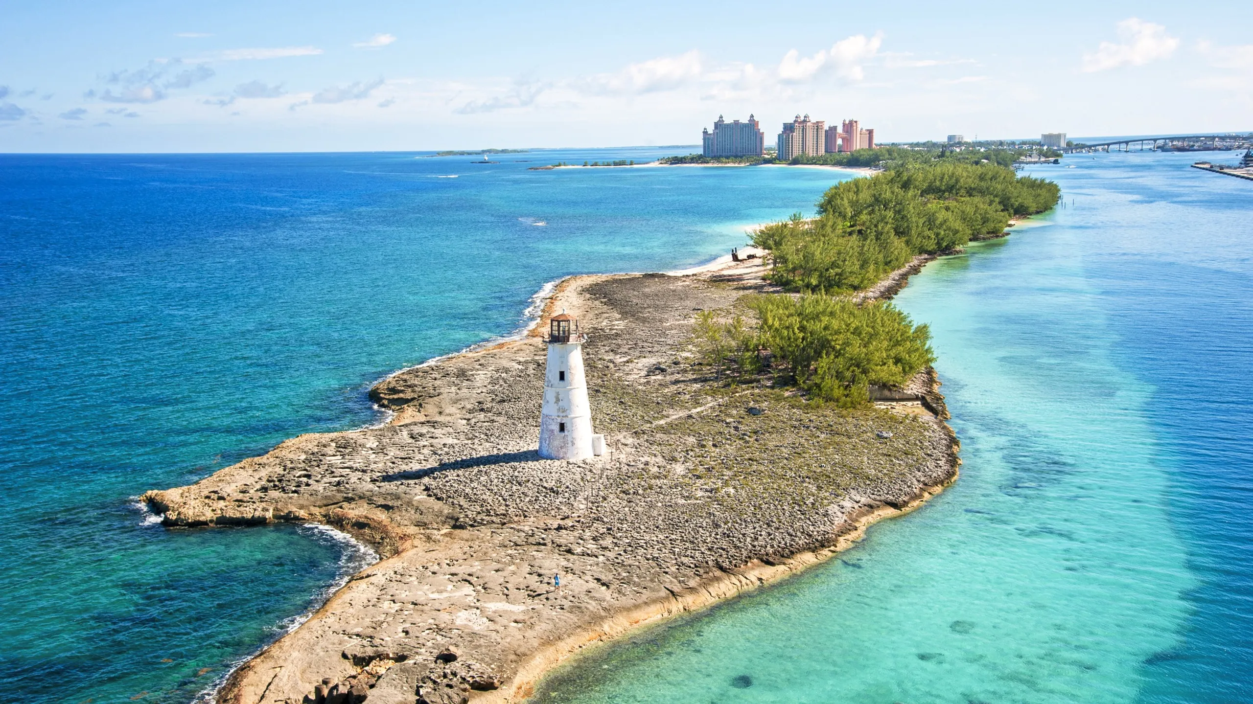 Nassau coastline with lighthouse and Atlantis Paradise Island in the Bahamas
