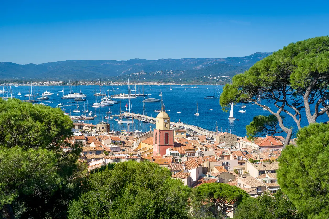 Aerial editorial frame of the Saint-Tropez peninsula