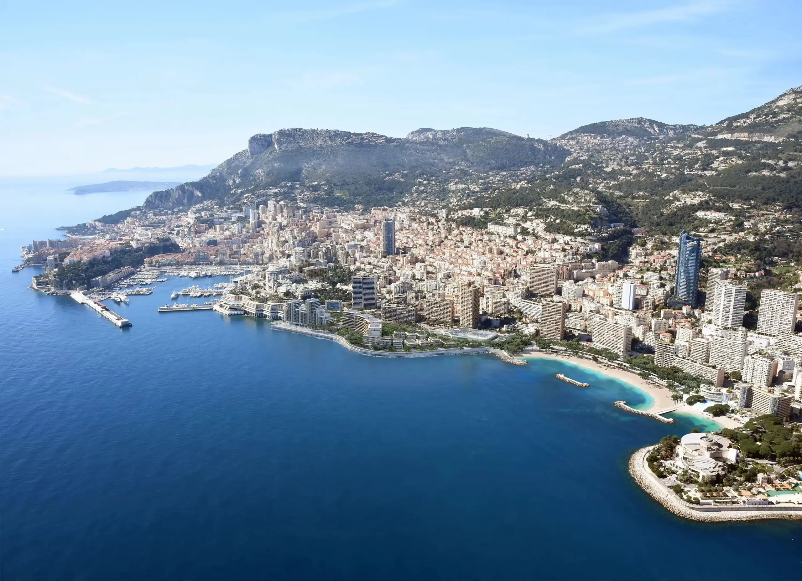Aerial view of the Monaco coastline and Principality from the sea