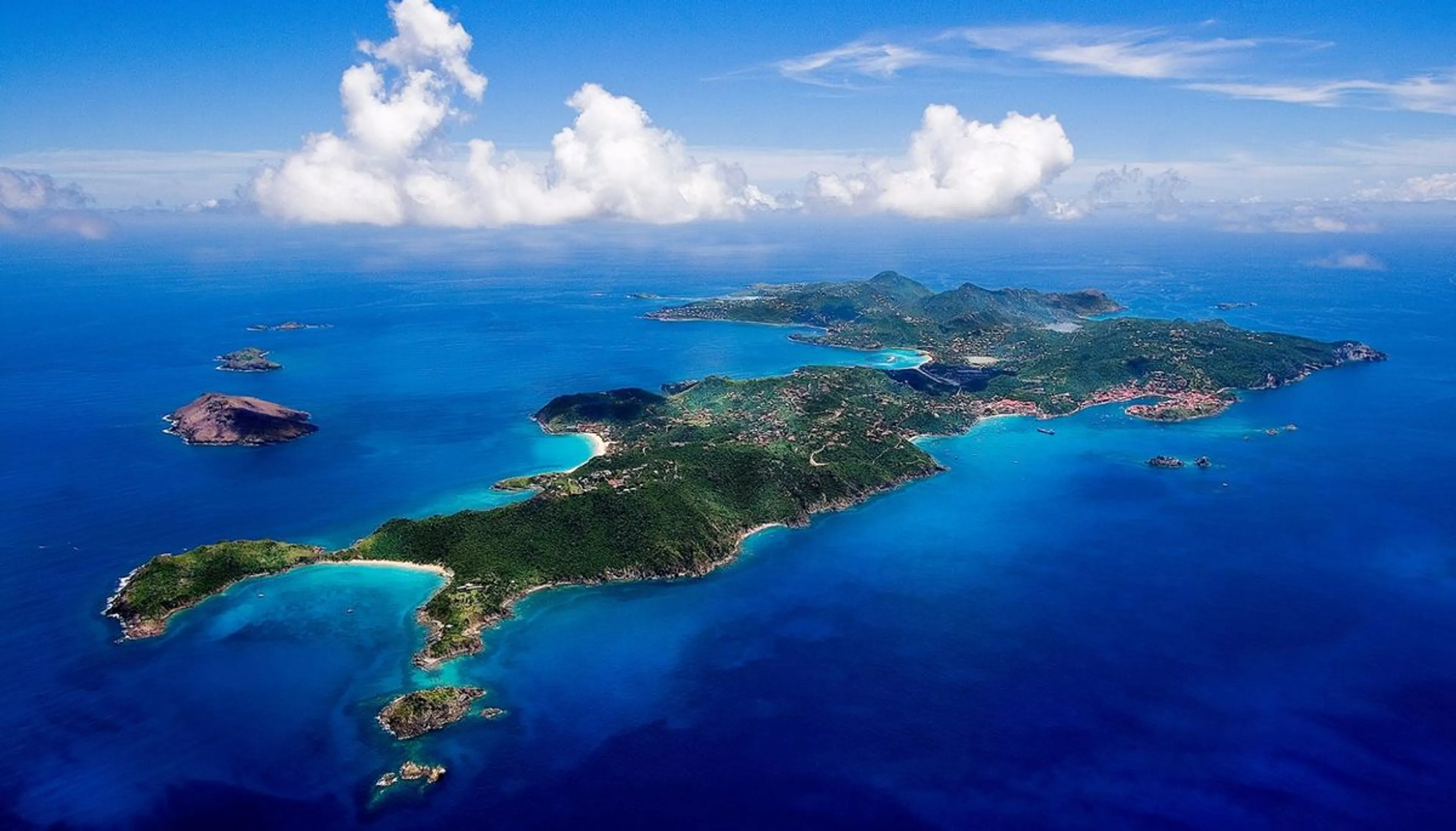 Aerial view of St Barths island with turquoise bays and surrounding Caribbean waters