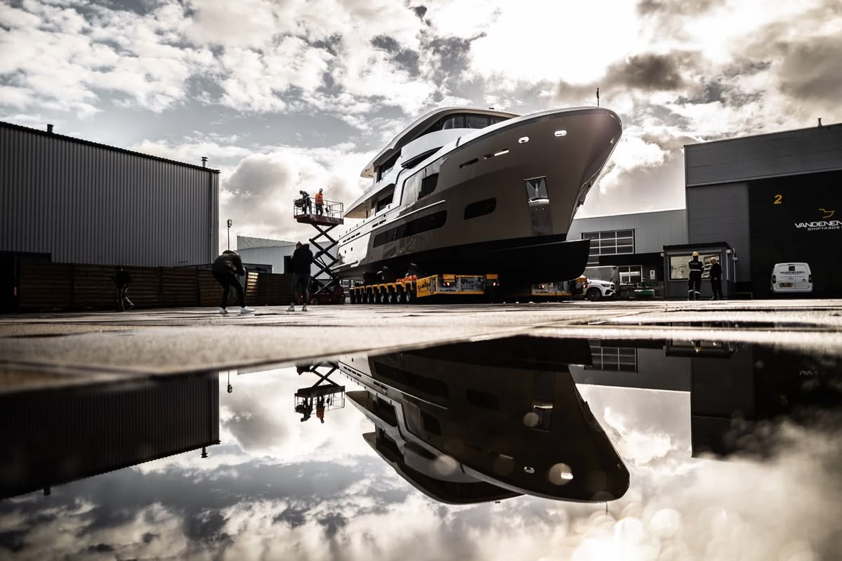 Yacht under construction at a shipyard during a new build and refit process