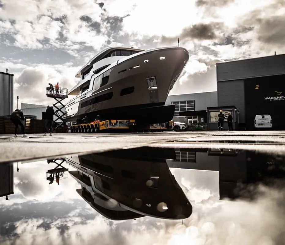 Yacht under construction at a shipyard during a new build and refit process