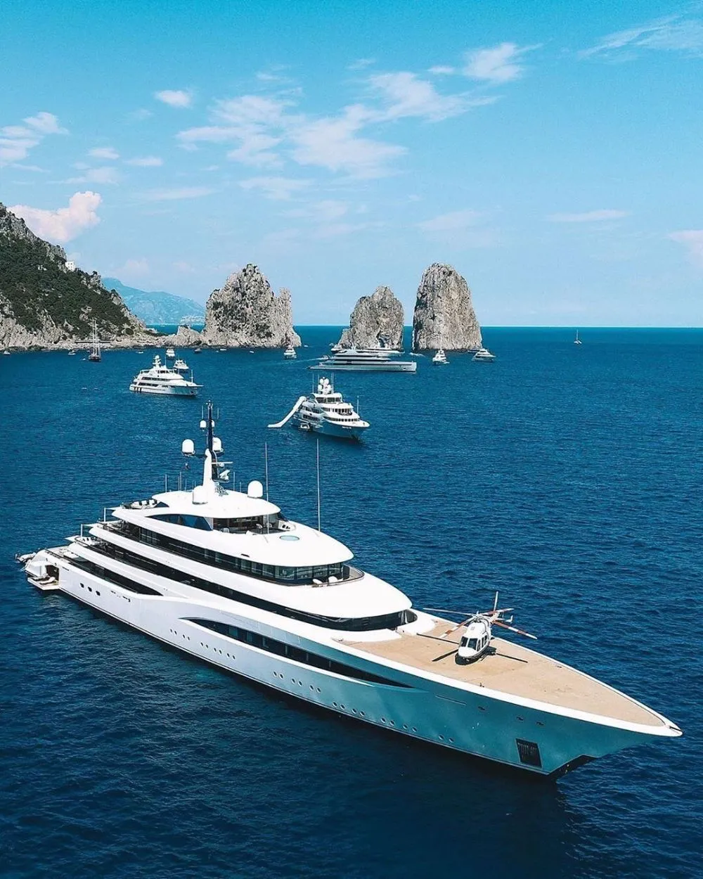 Superyacht with helicopter anchored in the Mediterranean