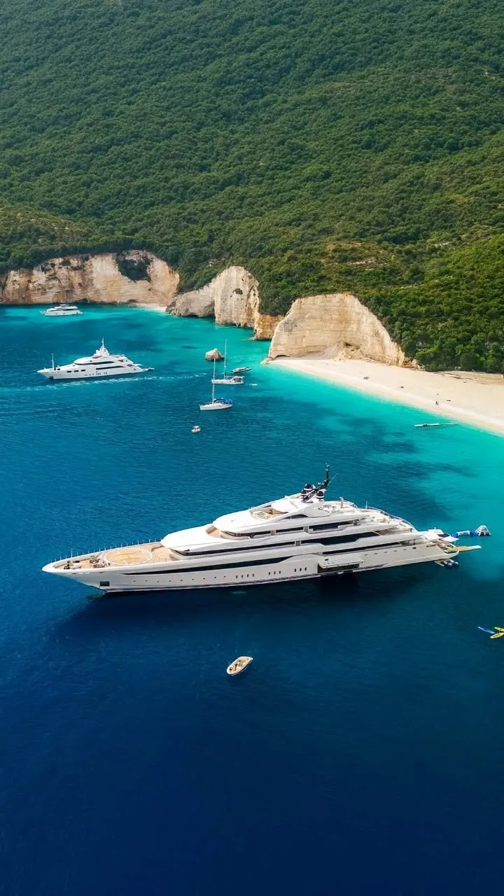 Superyacht anchored in turquoise waters along a secluded Mediterranean coastline