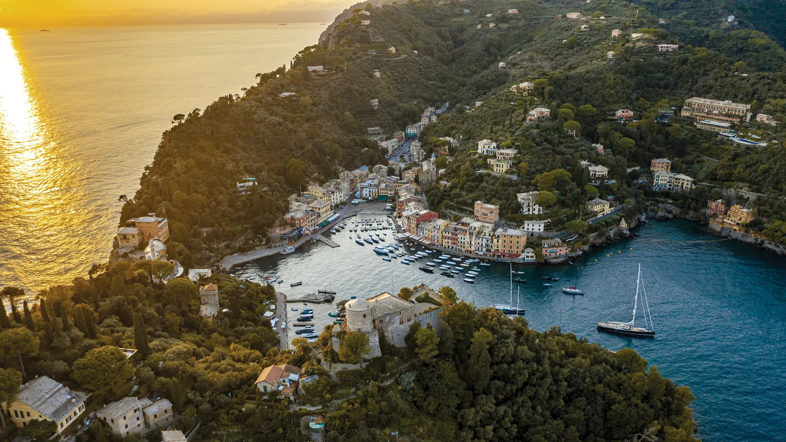 Aerial view of Portofino harbour at sunset on the Italian Riviera