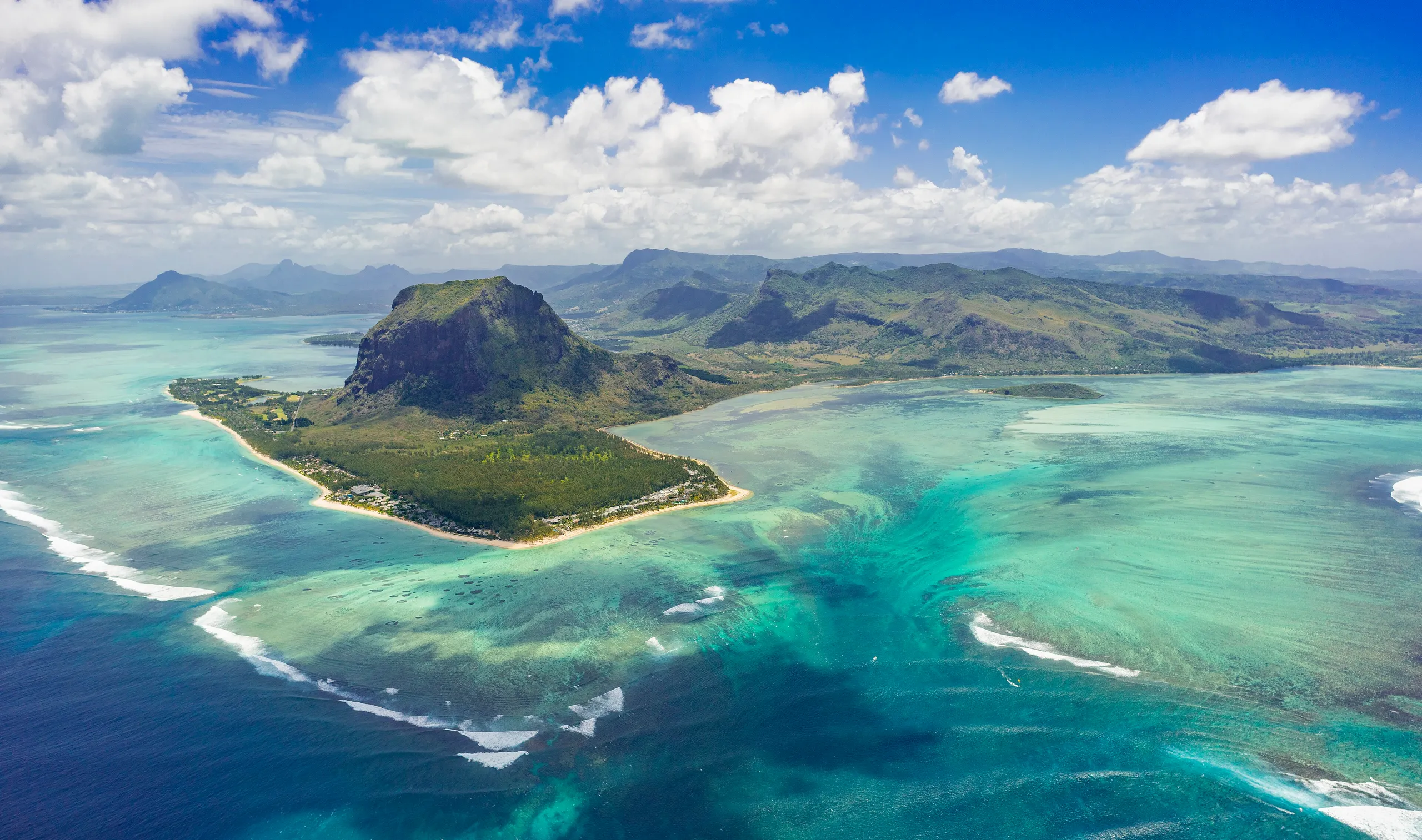 Aerial view of Le Morne Brabant and turquoise lagoon in Mauritius