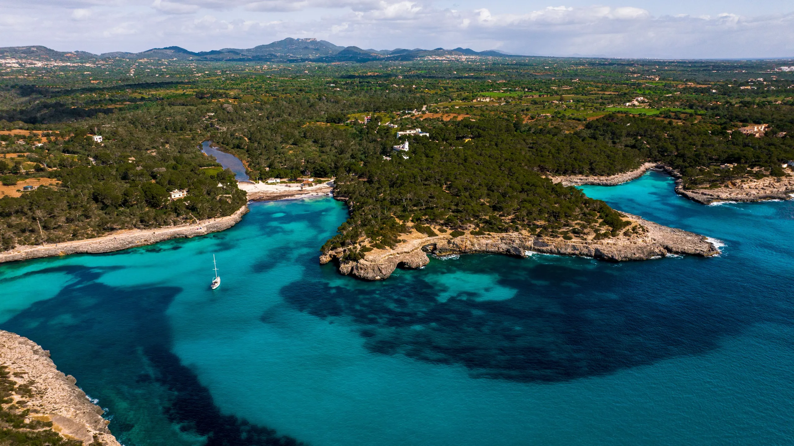 Aerial view of turquoise coves and coastline in Mallorca