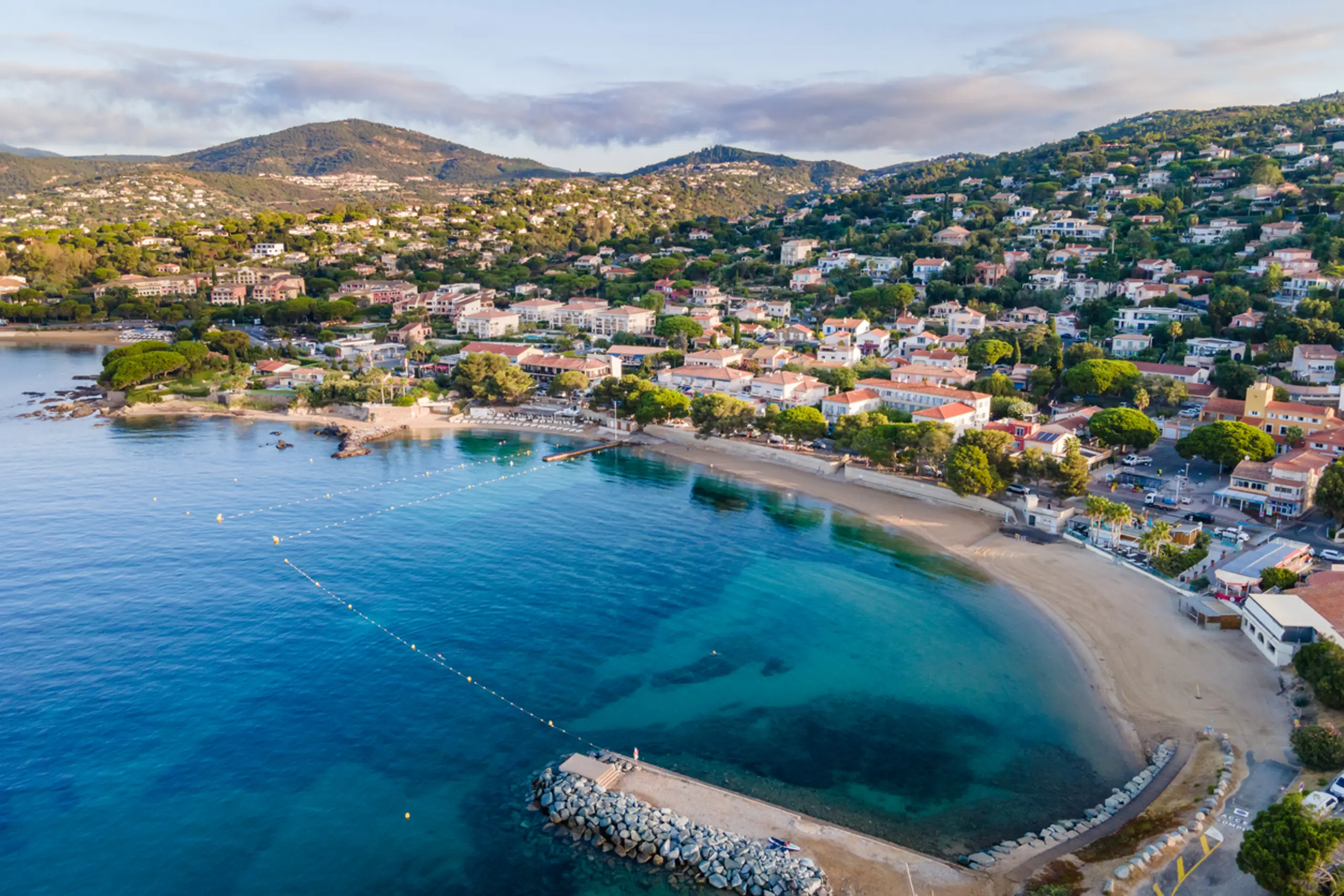 Aerial view of the French Riviera coastline with yachts at anchor in the bay