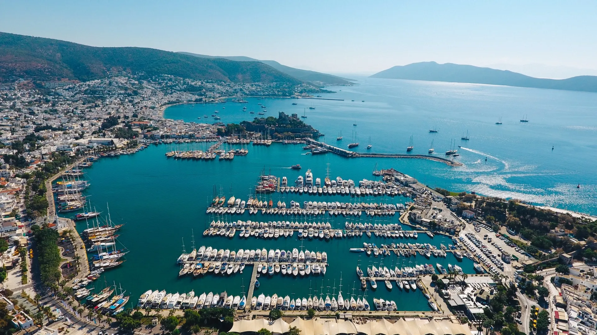 Aerial view of Bodrum Marina and Bodrum coastline in Turkey