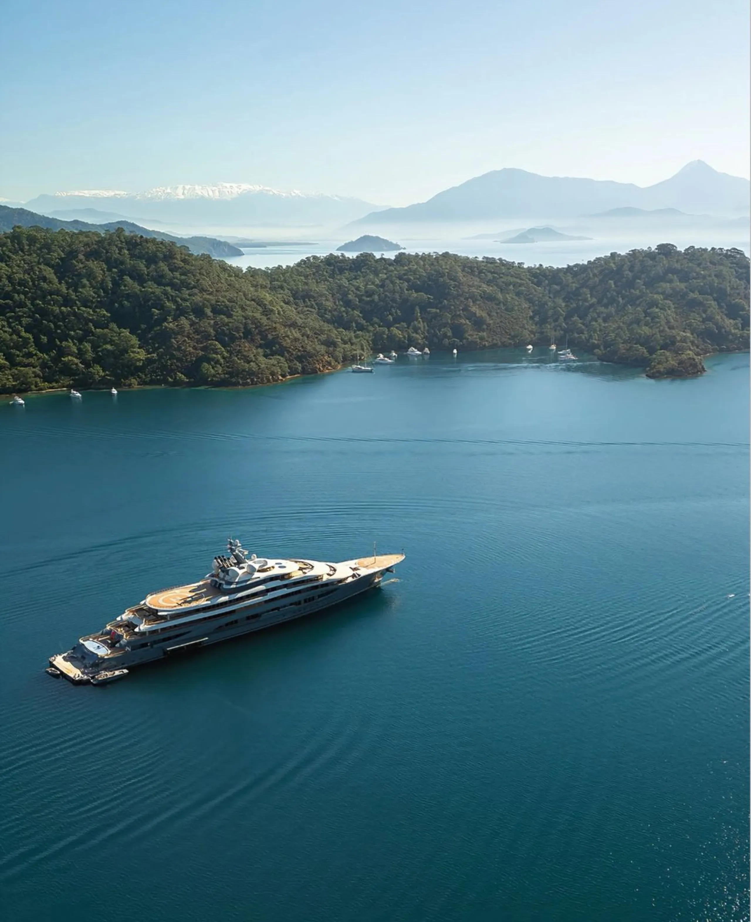 Superyacht cruising through a calm island bay as part of a bespoke yacht charter route