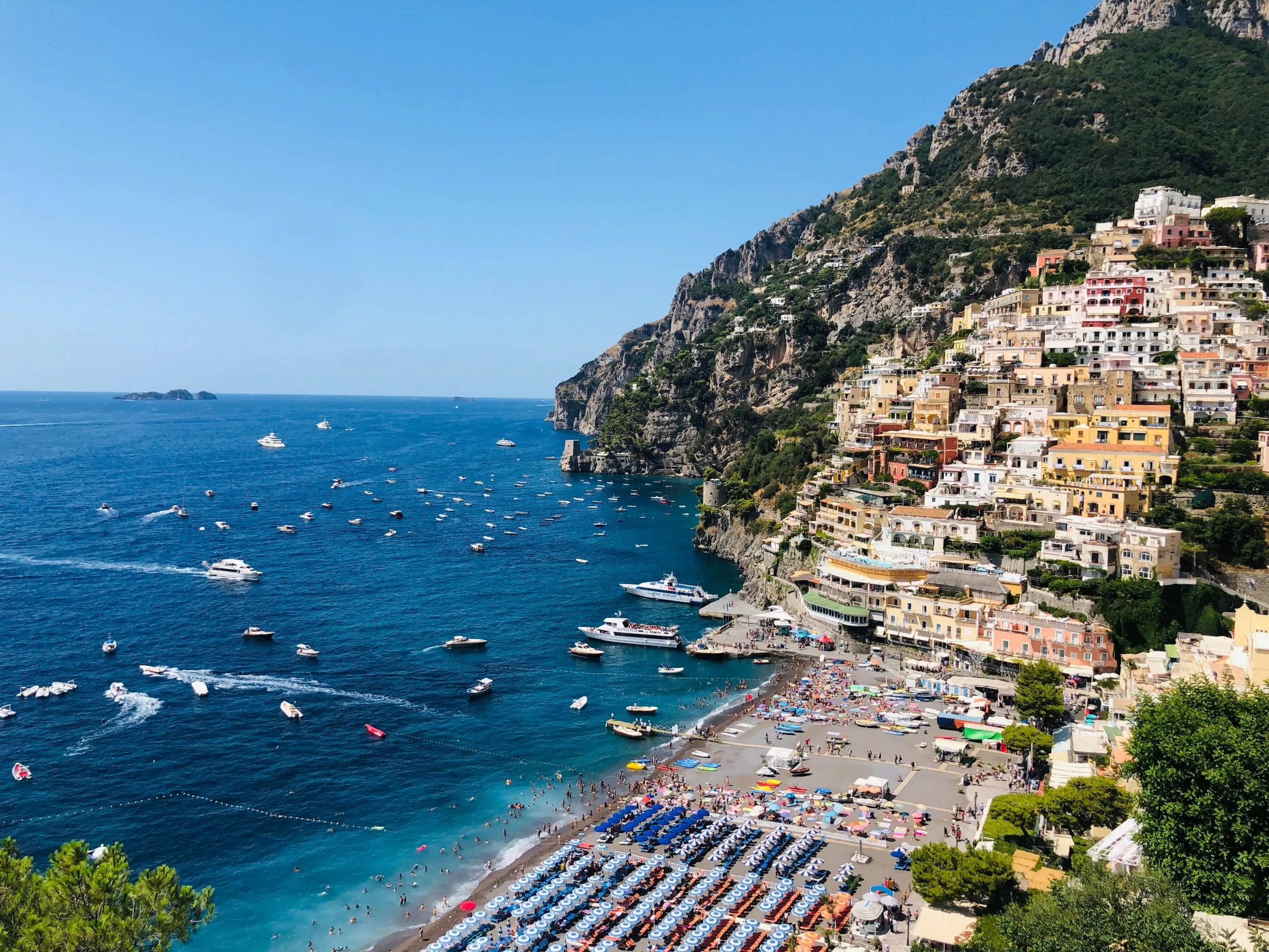 Yachts and boats anchored off Positano on the Amalfi Coast