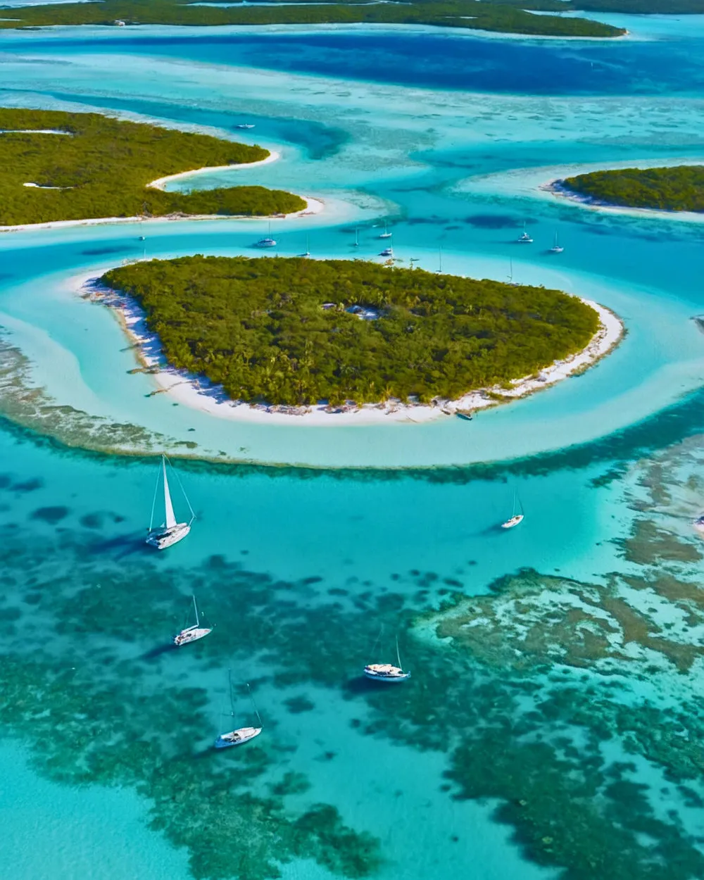Sailing yachts anchored around a Caribbean island in turquoise waters