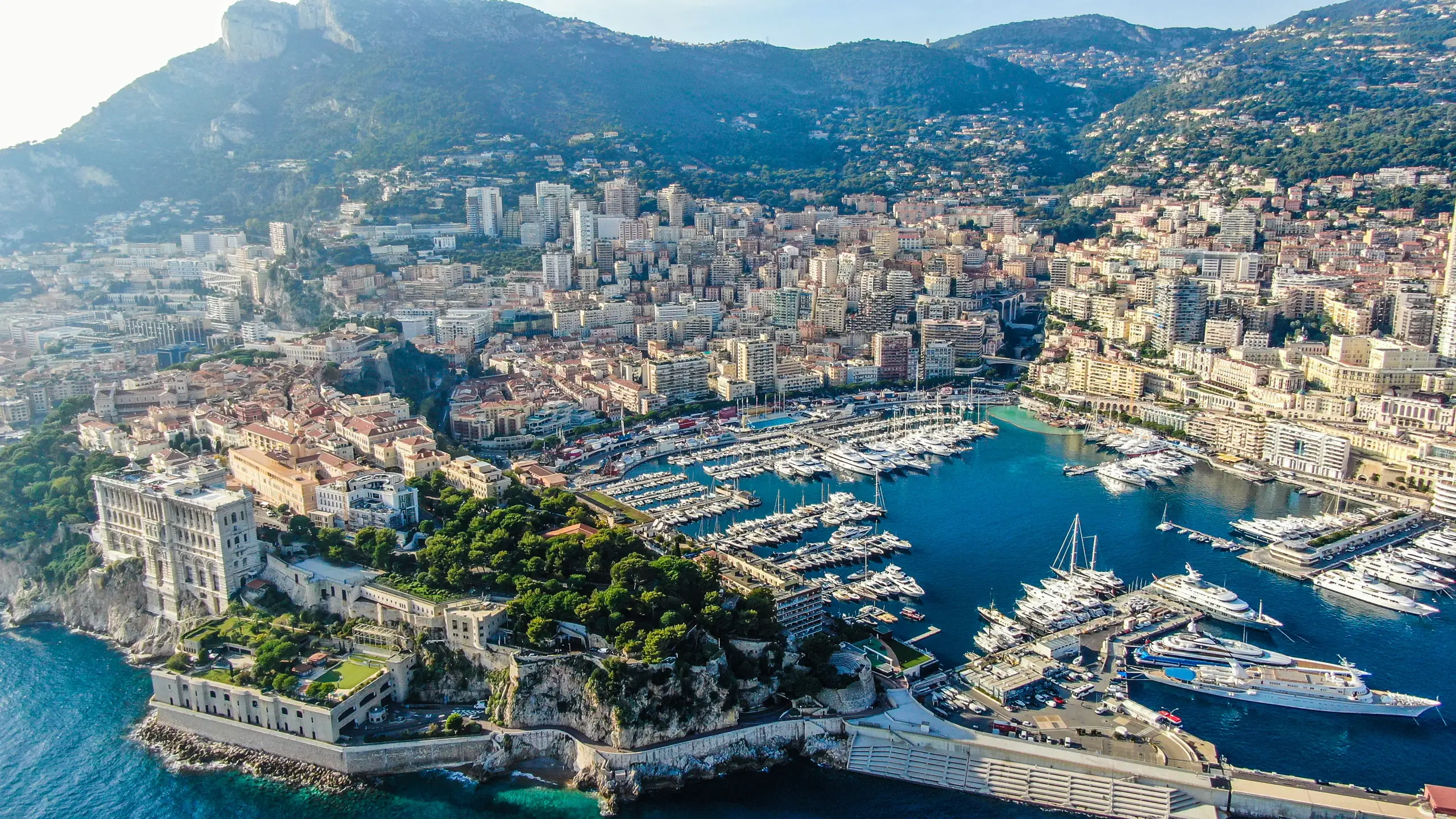 An aerial view of the Monaco coastline looking across Port Hercule