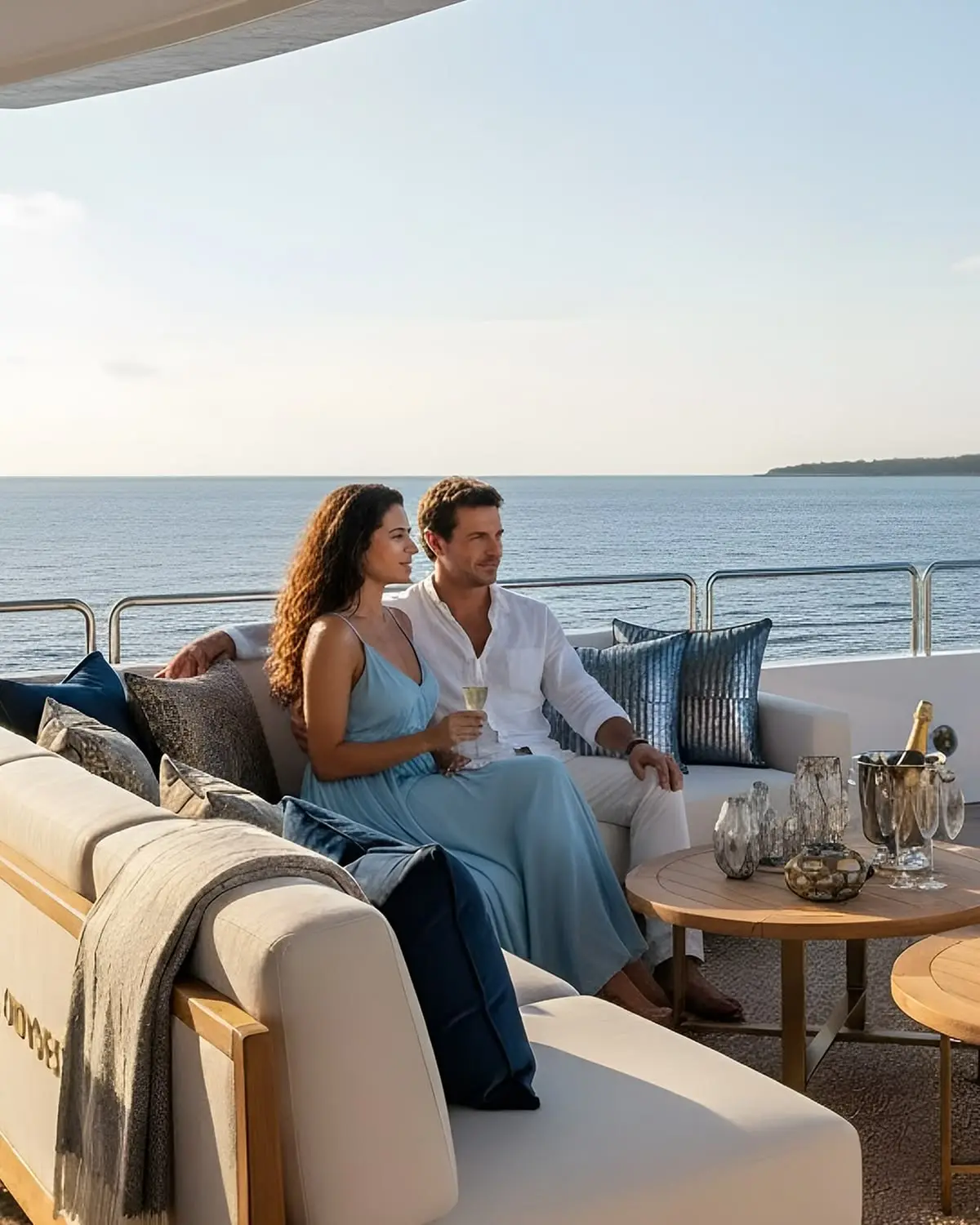Couple relaxing on a private yacht deck at sea