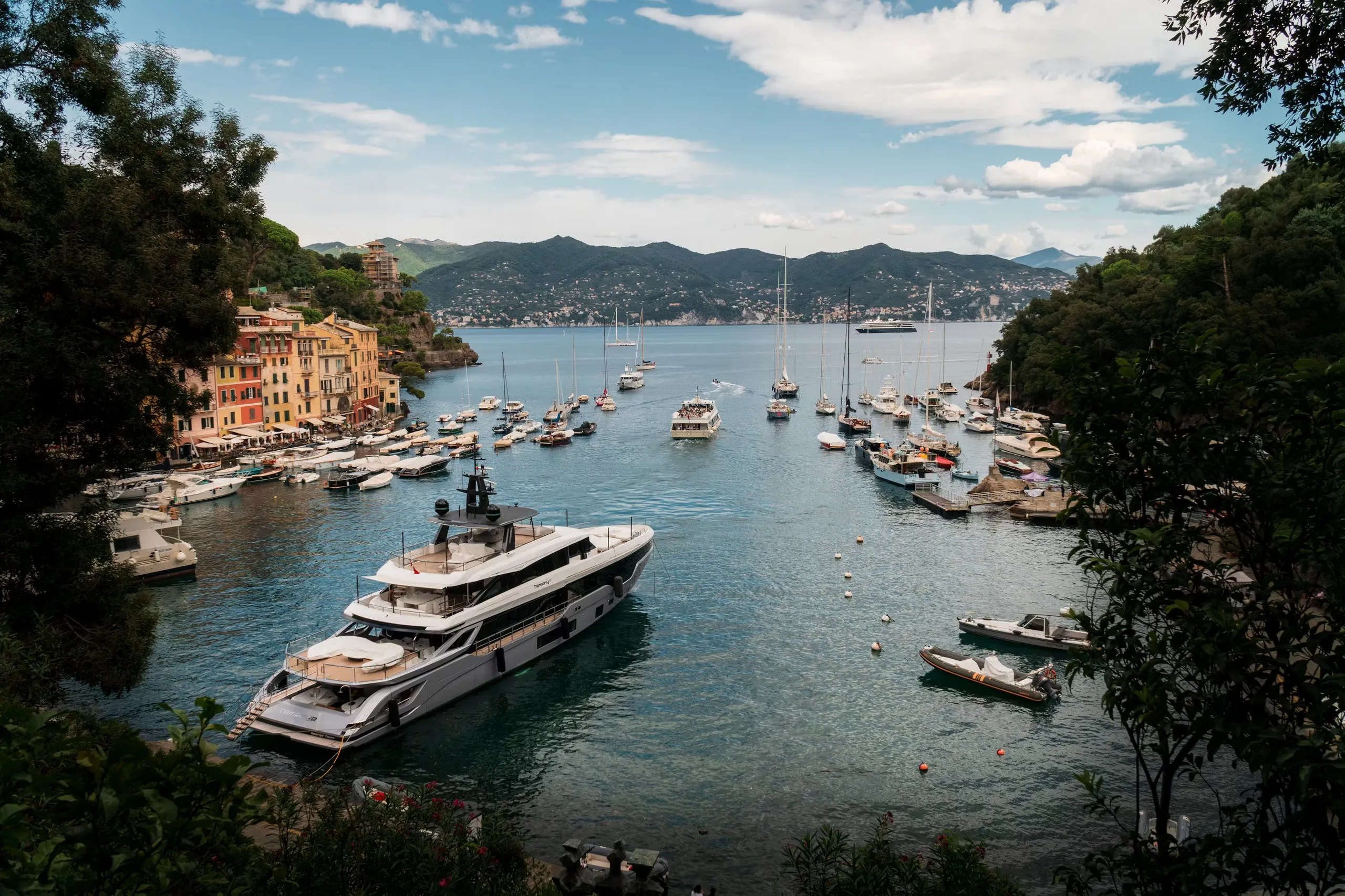 Luxury yacht anchored in Portofino harbour on the Italian Riviera