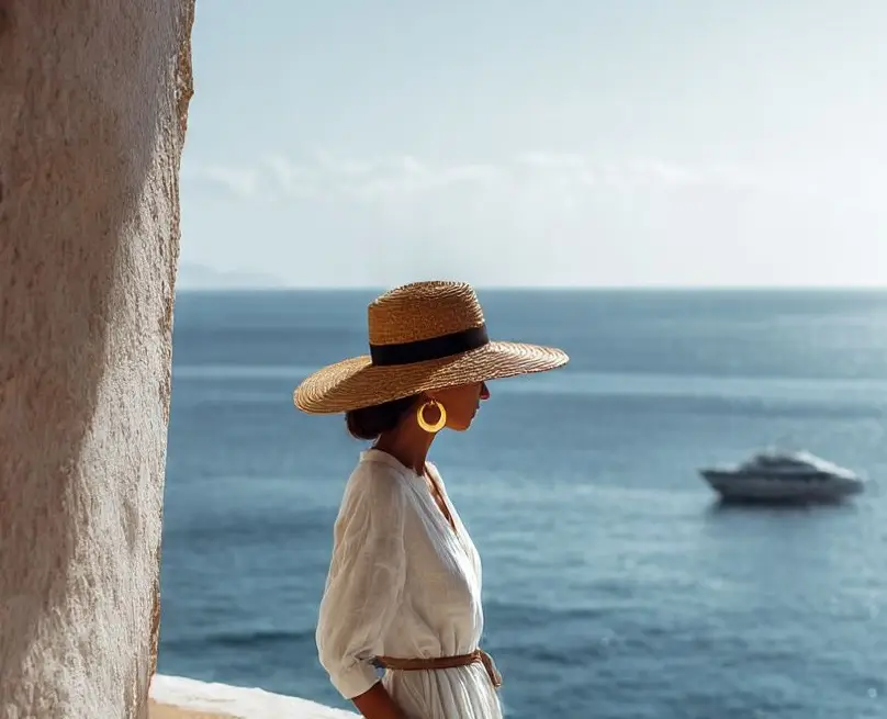 Woman overlooking a private yacht on the Mediterranean coast