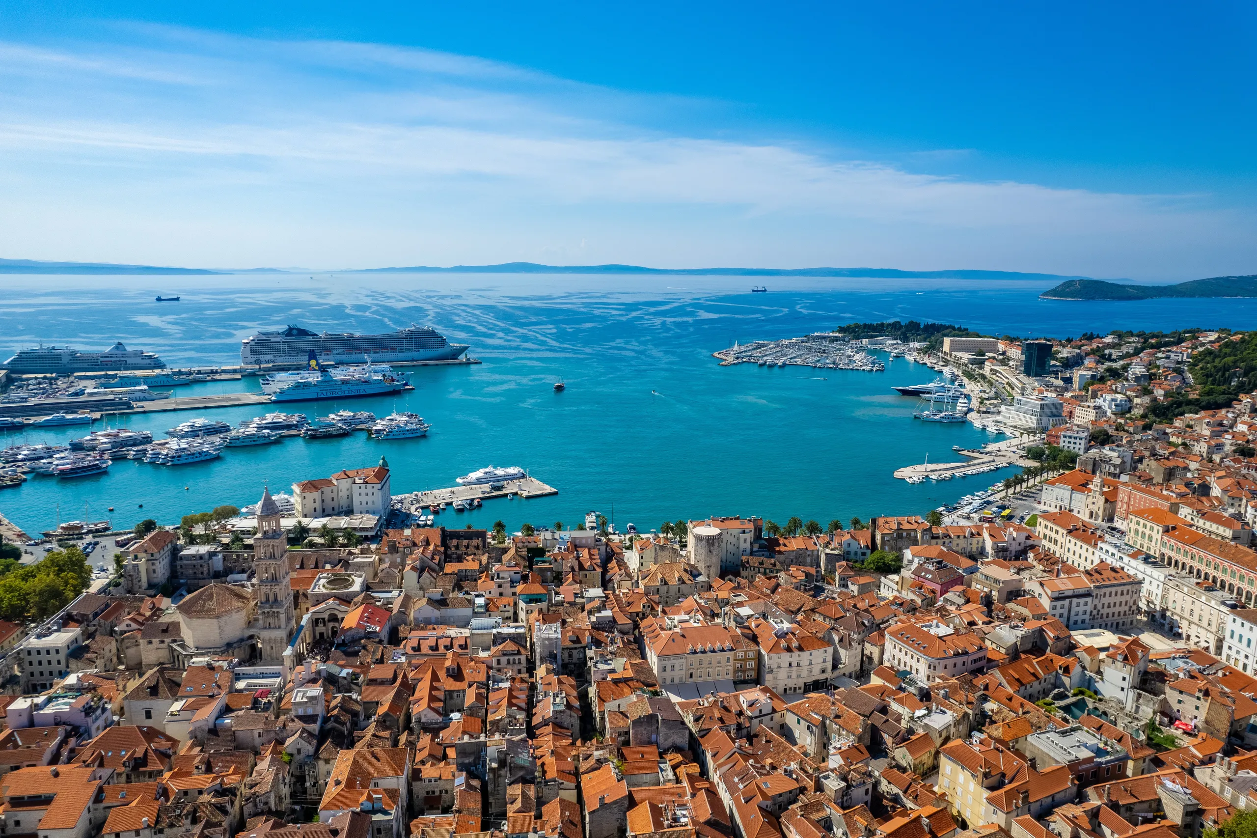 Aerial view of Split Old Town, marina and Adriatic waterfront in Croatia