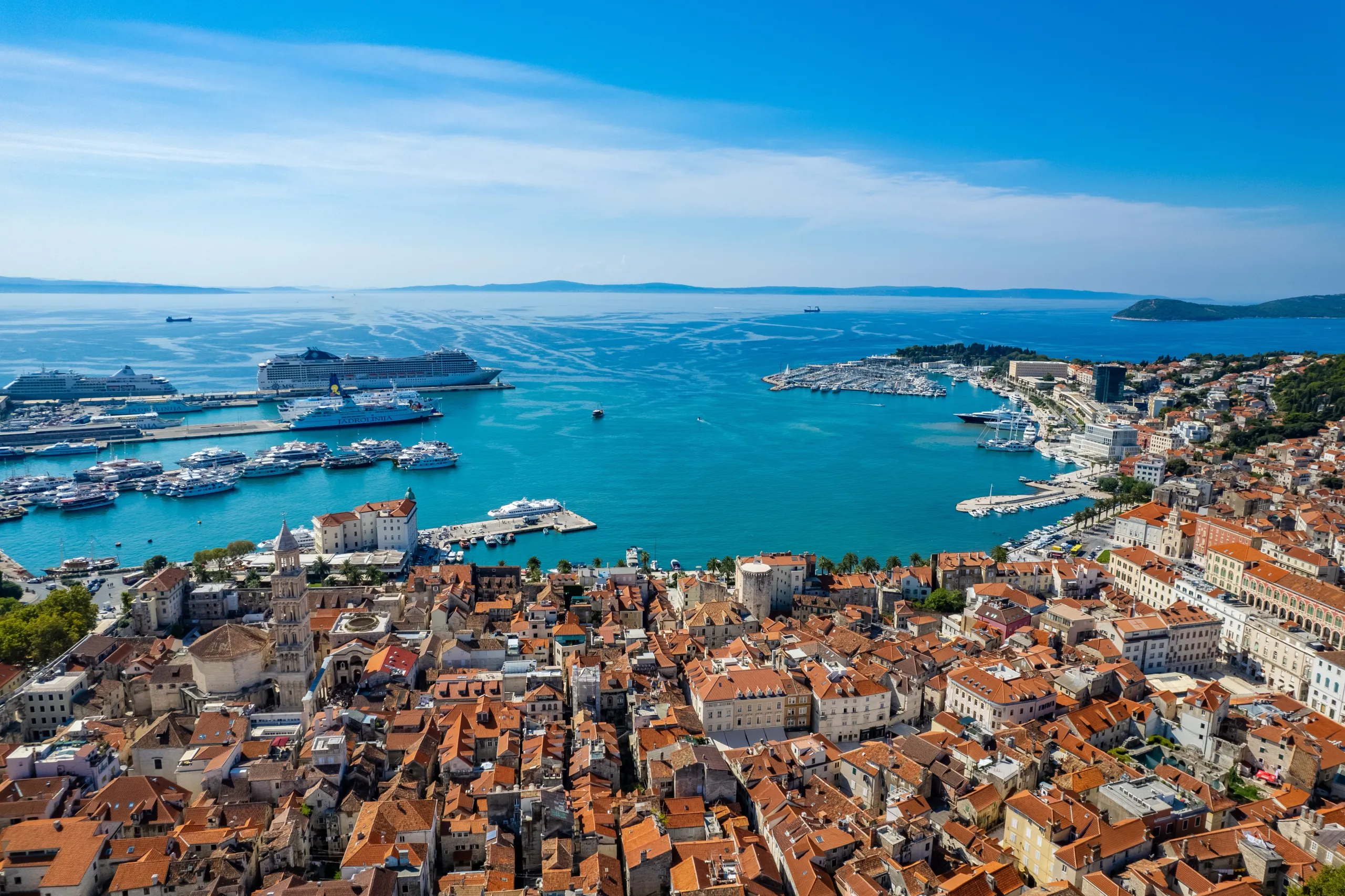 Aerial view of Split Old Town, marina and Adriatic waterfront in Croatia