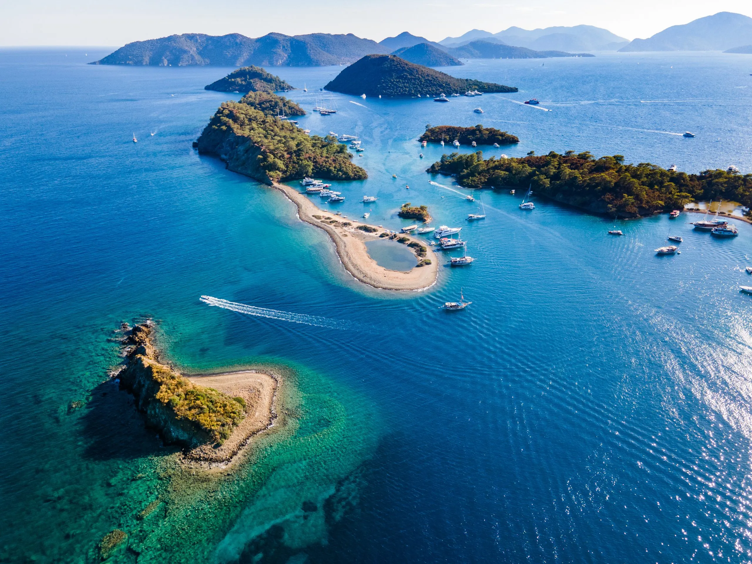 Aerial view of small islands and turquoise bays near Bodrum, Turkey