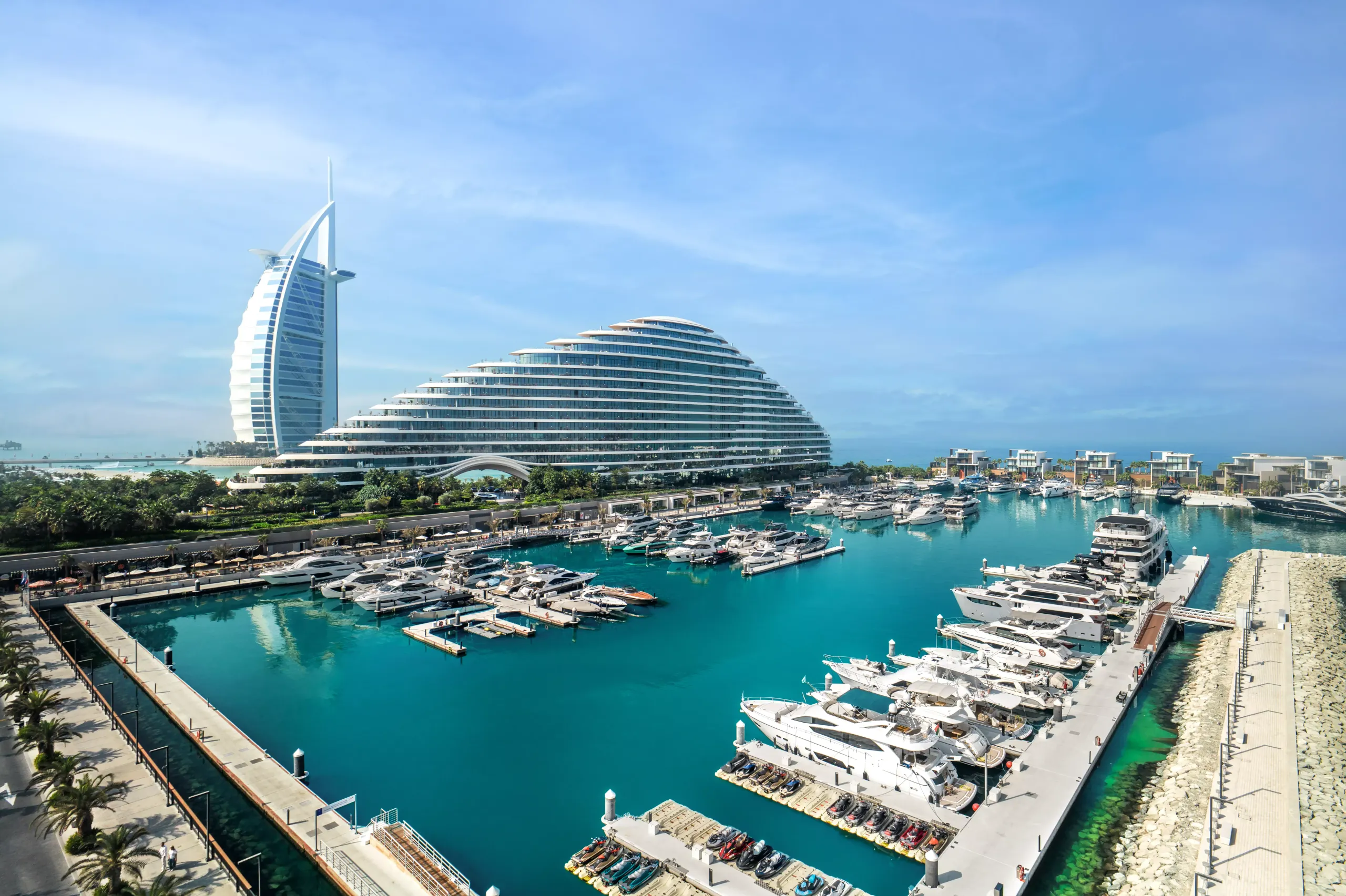 Luxury yachts at Marsa Al Arab Marina overlooking Burj Al Arab