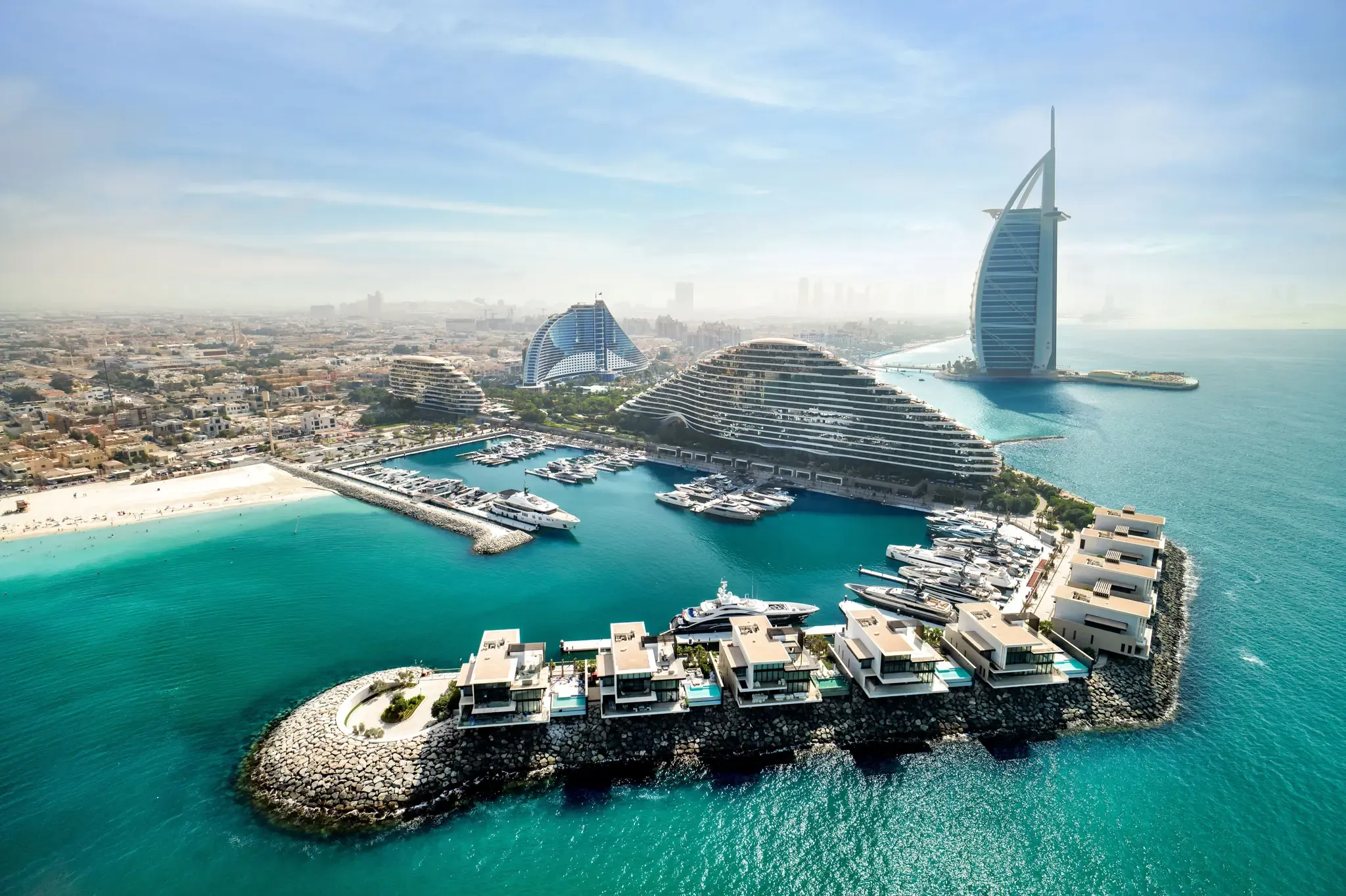 Yachts moored at Marsa Al Arab Marina with Burj Al Arab in the background