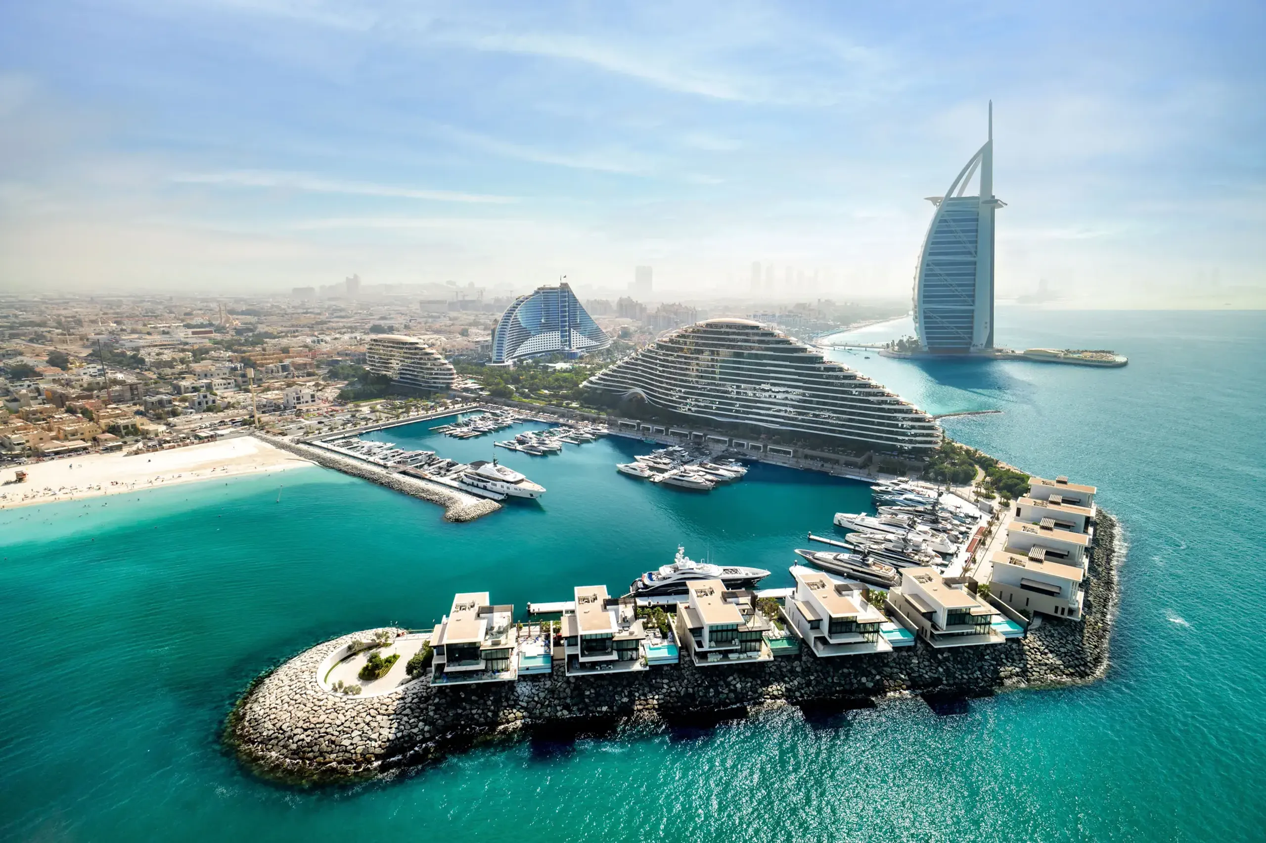 Yachts moored at Marsa Al Arab Marina with Burj Al Arab in the background