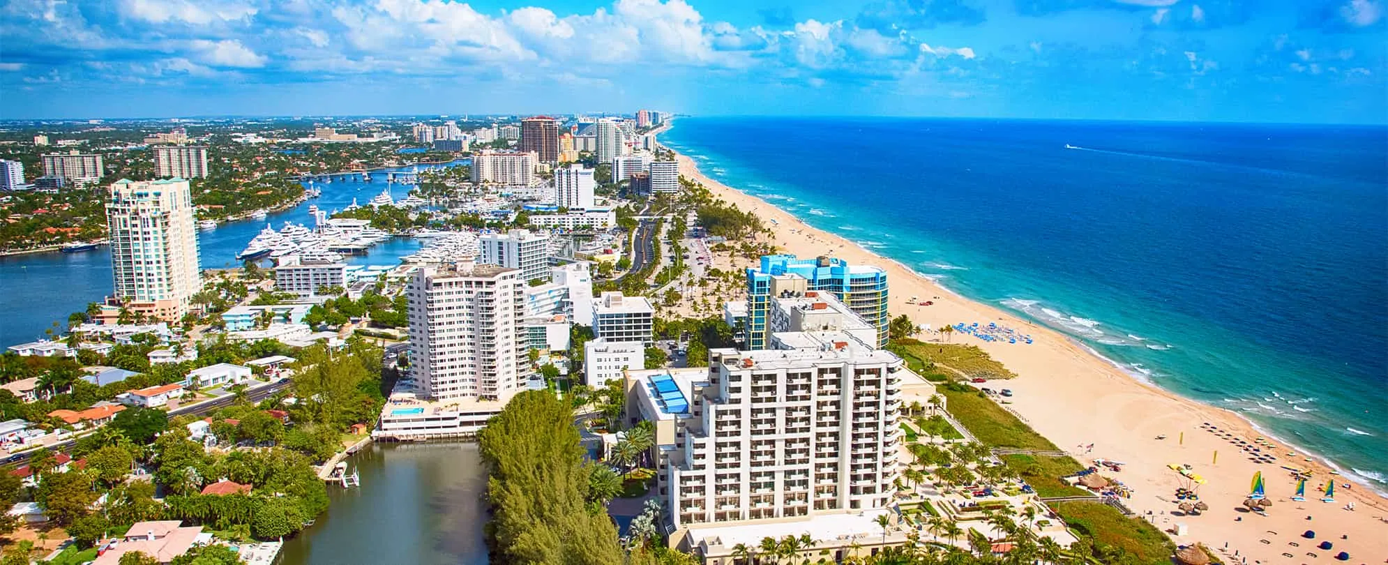 Aerial view of Fort Lauderdale coastline with beaches, city skyline and Atlantic Ocean