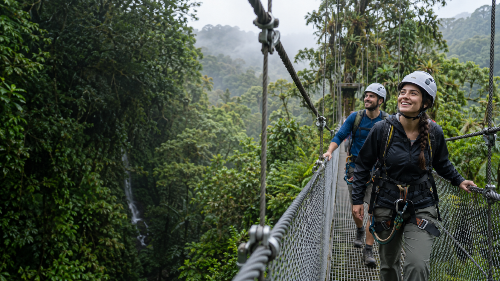 Illustrative travelers on a Costa Rican cloud-forest suspension bridge