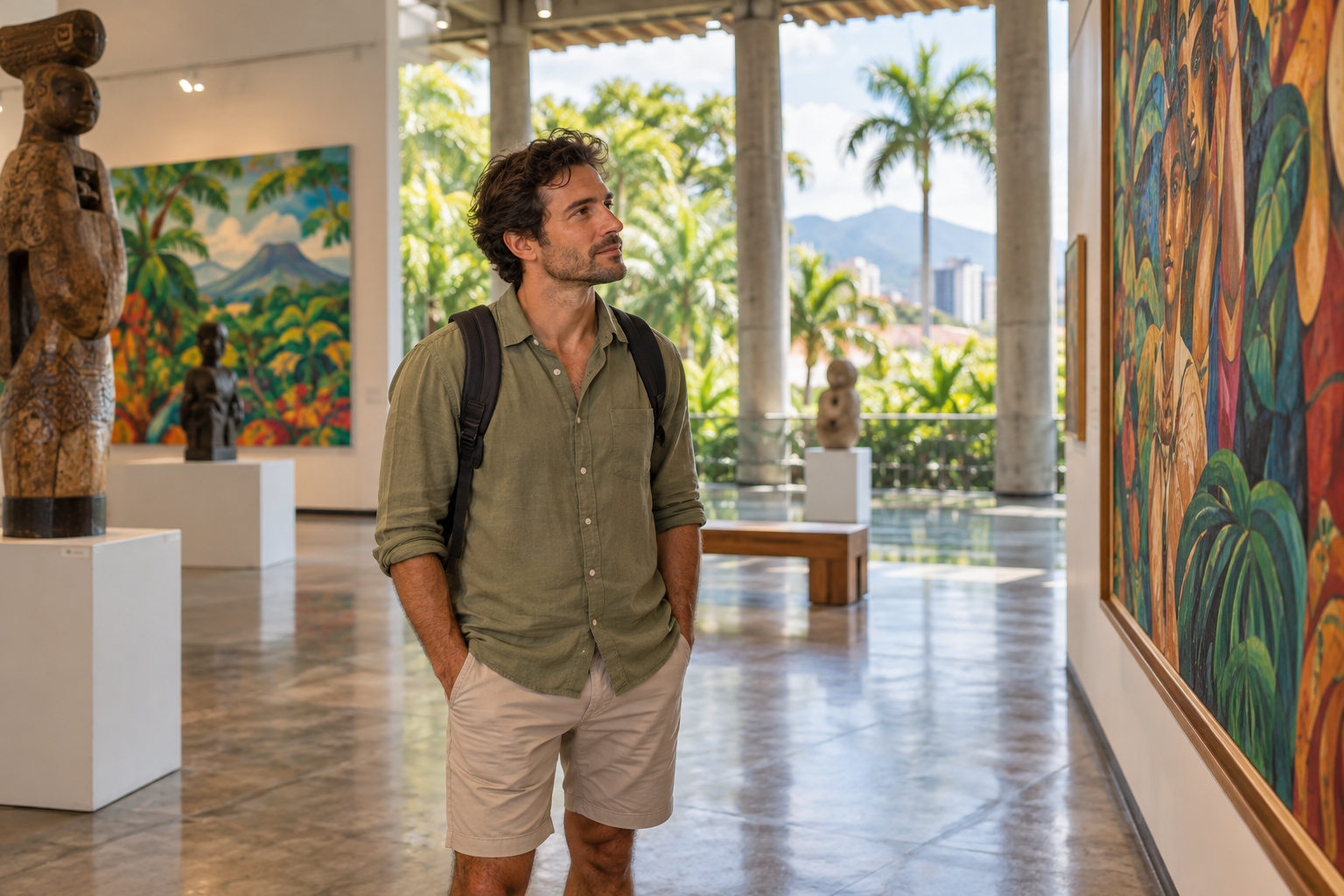 Solo male traveler exploring Costa Rican art in San José