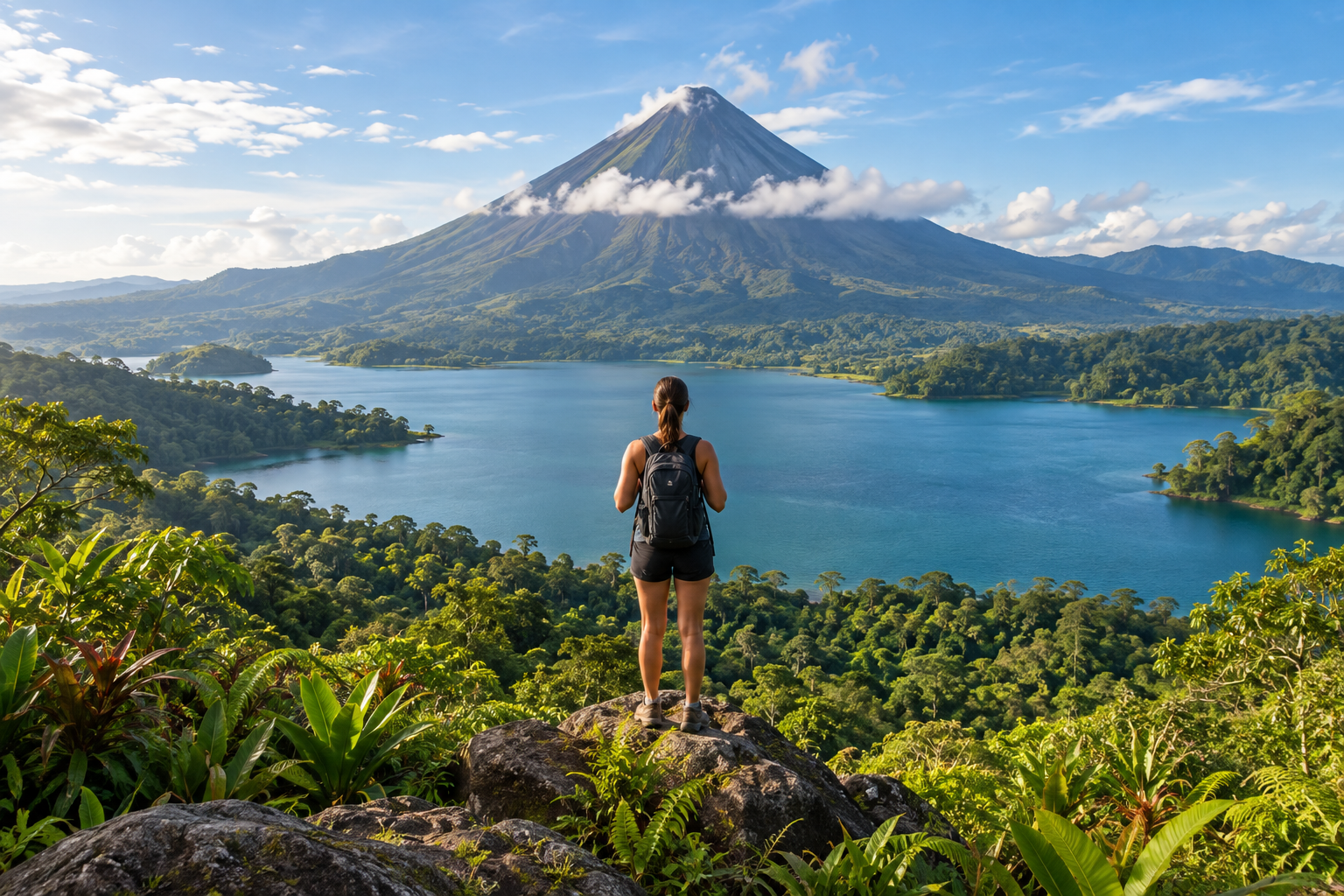 Traveler looking toward Arenal volcano and Lake Arenal