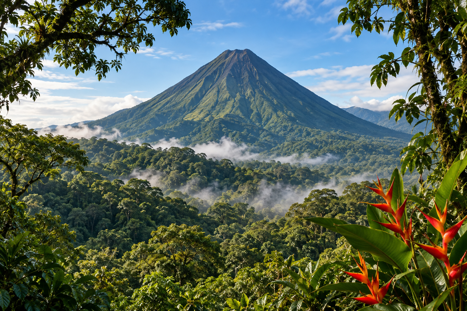 Arenal volcano framed by rainforest and tropical flowers