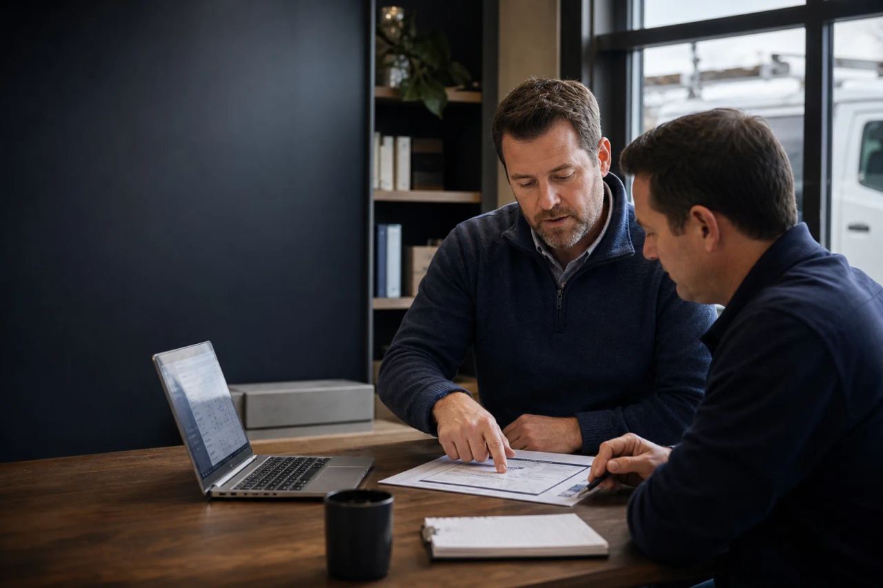 Business owner and marketing strategist reviewing a growth plan