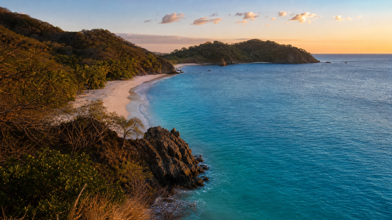 Guanacaste Pacific coastline and turquoise bay at golden hour